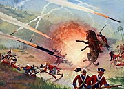 A painting showing the Mysorean army fighting the British forces with Mysorean rockets, which used metal cylinders to contain the combustion powder.[37]