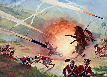 A painting showing the Mysorean army fighting the British forces with Mysorean rockets, which used metal cylinders to contain the combustion powder.[36]