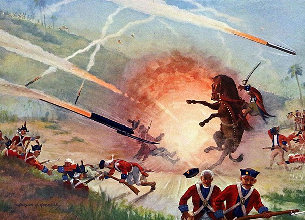 A painting showing the British forces confronted with Mysorean rockets