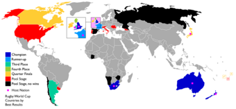 Map of nations best results, excluding nations which unsuccessfully participated in qualifying tournaments. Rugby world cup countries best results and hosts rev1.png