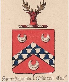 Crest and Arms granted to Samuel Aspinwall Goddard in 1842. Motto Cervus Non Servus, "A Stag not a Slave" SAG Crest and Arms 1842.jpg