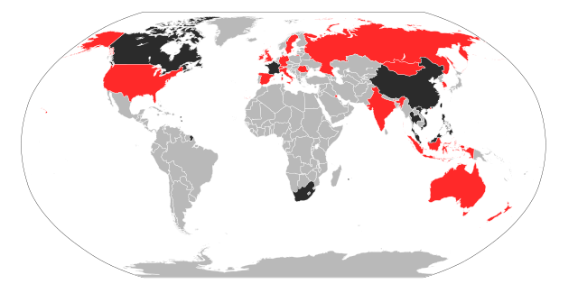 Mapa dos países infectados pelo SARS-CoV:\n  Países com mortes confirmadas\n  Países com casos confirmados\n  Países sem casos confirmados