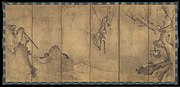 Sesson Shūkei (雪村 周継), Gibbons in a Landscape, ink on Xuan paper, 62 in. x 11 ft. 5 in. (157.5 x 348 cm), 1570, Japan. Collected by the Metropolitan Museum of Art.※