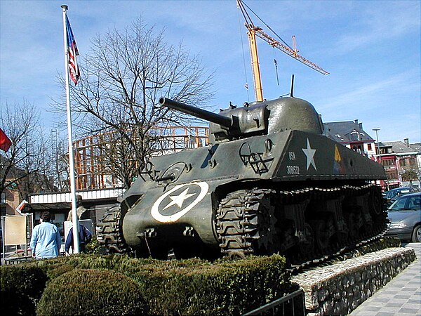 An M4 Sherman tank in the centre of Bastogne, Belgium