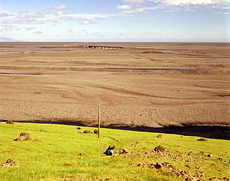 View from the foot of Lómagnúpur to Skeiðarársandur with Núpsvötn and the bridge of Hringvegur