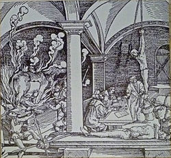 Artist's depiction of the strappado, including the weight hanging from the victim's ankles. On the left the Brazen bull is illustrated Spisska Hrad 048.jpg