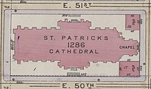 Map of the cathedral close of St. Patrick's Cathedral in 1916. At right are depicted (from top to bottom) the rectory, Lady chapel, and archbishop's residence. St. Patricks Cathedral map in 1916, from- Bromley Manhattan Plate 078 publ. 1916 (cropped).jpg