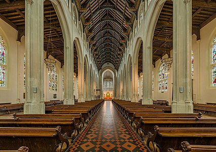 The view from the nave looking east in St Edmundsbury Cathedral in Suffolk, England.