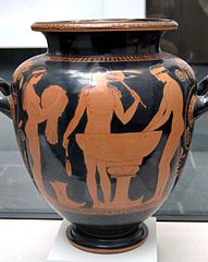 Greek vase with image of young women bathing