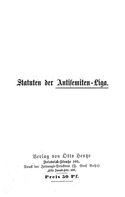 Estatuts de 1879 de la Lliga Antisemita, l'organització que va popularitzar per primera vegada el terme