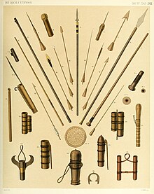 Illustration of various sumpitan from Indonesia (c. 1891) Sumpitan and bow in Indonesia Plate 18.jpg