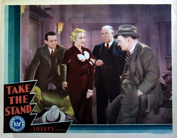 Lobby card for Take the Stand (1934), L-R: Russell Hopton, Thelma Todd, unknown player, and Paul Hurst