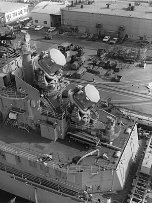 Talos missile guidance radars on USS Oklahoma City (CLG-5), in October 1963 (NH 98688).jpg