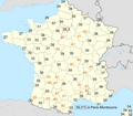 Carte des températures maximales relevées en France le 12 août 2003 (jour le plus chaud de l'année) d'après Météo-France.