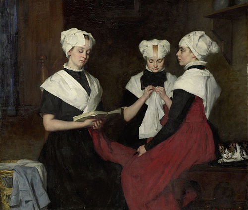 Drie meisjes in het Amsterdamse Burgerweeshuis (1885). Wettelijke adoptie bestaat in Nederland pas sinds 1956.
