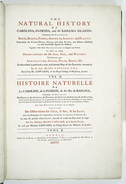 Title page, volume two, second edition of Catesby's The Natural History of Carolina, Florida and the Bahama Islands, London, 1754