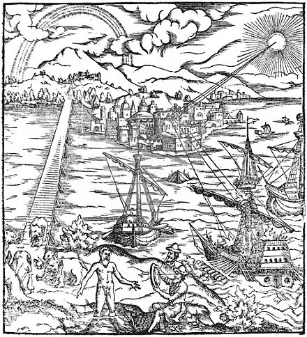 Front page of the Latin Opticae Thesaurus, which included Alhazen's Book of Optics, showing rainbows, the use of parabolic mirrors to set ships on fire, distorted images caused by refraction in water, and other optical effects.