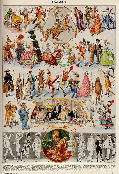 File:Travestis 1 - theatrical party masquerade ball carnival costumes dress up clothing etc - Public domain illustration Larousse du XXème siècle 1932.jpg