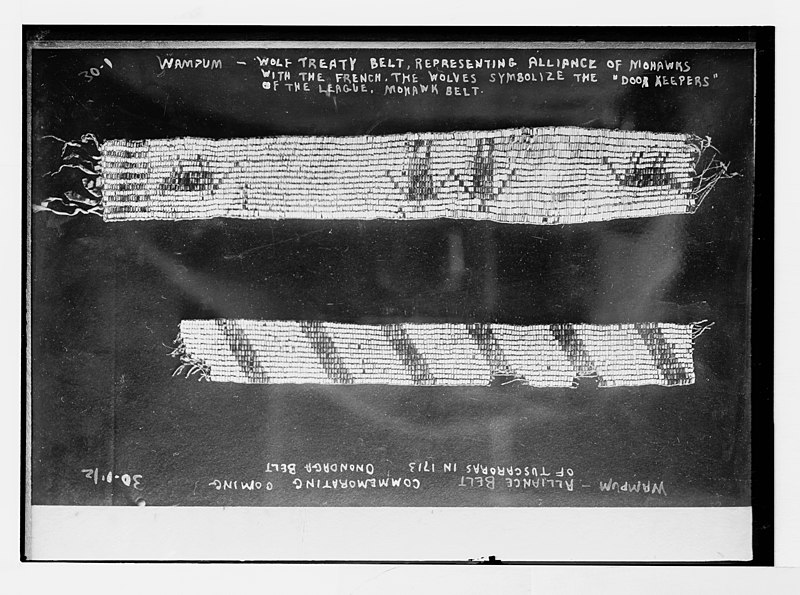 File:Two Wampum belts- 1)Wolf Treaty belt, representing alliance of Mohawks with the French. The wolves symbolize the "Door Keepers" of the League. Mohawk belt. 2) Alliance belt commemorating LCCN2014680159.jpg
