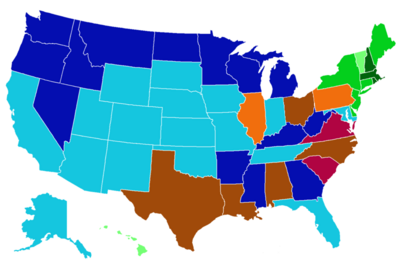 Processes for selecting state supreme court judges:

.mw-parser-output .legend{page-break-inside:avoid;break-inside:avoid-column}.mw-parser-output .legend-color{display:inline-block;min-width:1.25em;height:1.25em;line-height:1.25;margin:1px 0;text-align:center;border:1px solid black;background-color:transparent;color:black}.mw-parser-output .legend-text{}
Gubernatorial appointment, judges serve a single term
Gubernatorial appointment and re-appointment
Gubernatorial appointment, other body re-appoints
Gubernatorial appointment, followed by retention election
Legislative appointment and re-appointment
Non-partisan elections
Partisan elections
Partisan election, followed by retention election USStateSupremeCourtSelection.png