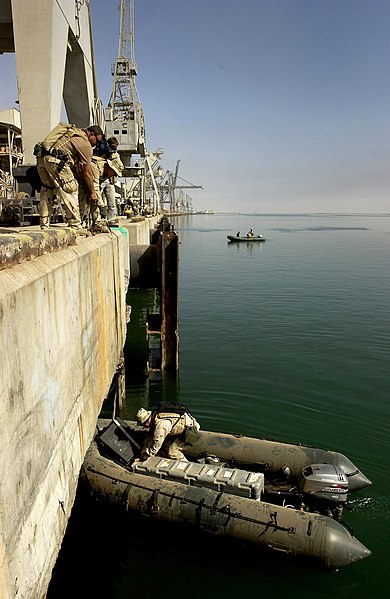 File:US Navy 030328-N-3783H-360 Members of Commander Task Unit (CTU-55.4.3) prepare to launch a ridgid hull inflatable boat (RHIB) to perform a final check of the port facility for Iraqi mines.jpg