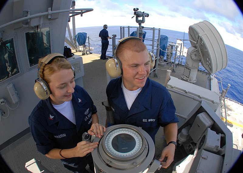 File:US Navy 080924-N-6936D-012 Aerographer's Mate 3rd Class Traci Woodrum shows Aerographer's Mate Airman Brian Boone how to use a GYRO repeater.jpg
