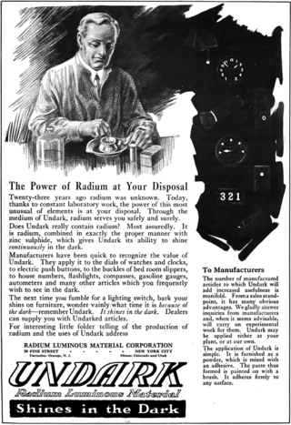 <span class="mw-page-title-main">Undark</span> Radioactive luminous radium paint produced in the early 20th century