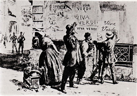Painting "Viva Verdi" slogans