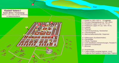 Fort Vetera I (Xanten-Birten) ca. 70 CE shortly before its destruction in the Revolt of the Batavi - location of important buildings archaeologically proven, building form partly hypothetical. Source: LVR Roman Museum Xanten. Vetera3D70.png