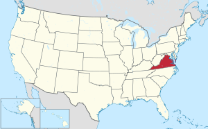 Virginia is located on the Atlantic coast along the line that divides the northern and southern halves of the United States. It runs mostly east to west. It includes a small peninsula across a bay which is discontinuous with the rest of the state.