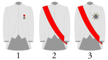 The decorations of the three classes (l. to r., Knight, Commander, Grand Cross). Wearing of the insignia of the Order of Saint Louis.svg