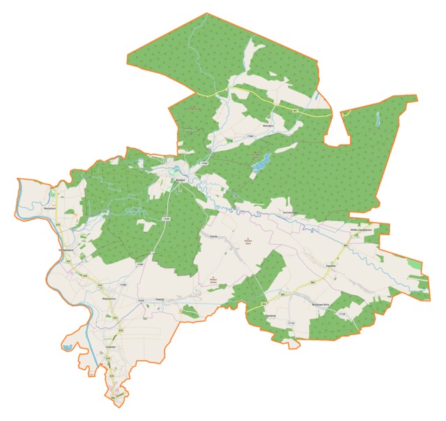 Mapa konturowa gminy Wiązownica, w centrum znajduje się punkt z opisem „Cetula, cerkiew”