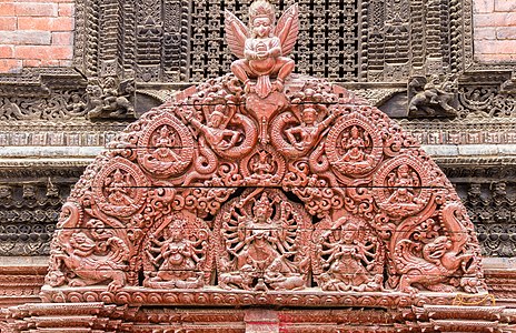 Wooden Tympanum at Entrance of House- Basantapur, Kathmandu Nepal.
