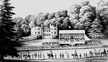 Wormsley Park, circa 1840; house in background Wormsley tournament 1840 01.jpg