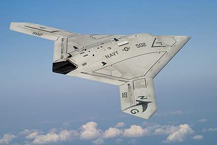 An X-47B conducts a flight test over NAS Patuxent River