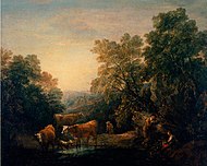 "Rocky Wooded Landscape mit rustikalen Liebhabern, Hirten und Kühen" von Thomas Gainsborough.jpg