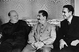 W. Churchill, I. Stalin en A. Harrisman.  conferentie in Moskou.  Augustus 1942. Foto door M. Kalashnikov