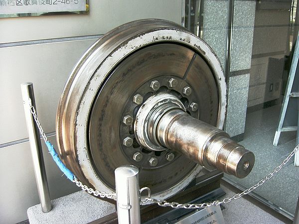 A 0 Series Shinkansen wheel used on Japanese high-speed bullet trains