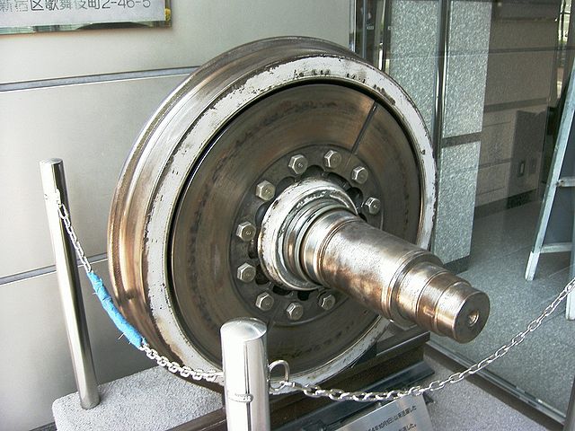 A 0 Series Shinkansen wheel used on Japanese high-speed bullet trains