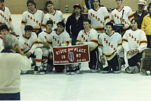 The 1987 Schaumburg Saxons hockey team gathers for a team photo after taking 2nd place in the Illinois State High School Hockey Championship 1987SchaumurgSaxonsIceHockey.jpg