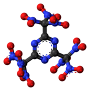 Pilk-kaj-bastona modelo de la 2,4, 6-tris (trinitrometil) - 1,3, 5-triazina molekulo