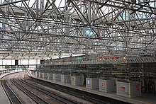 Refurbishment of the train shed roof in 2016 2016 at Carlisle railway station - train shed refurbishment (01).JPG