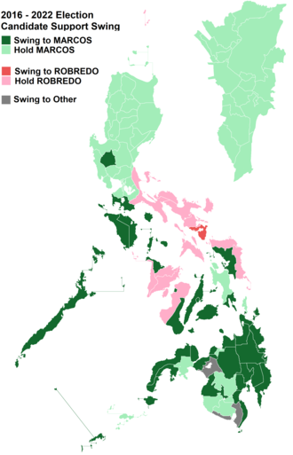 Marcos and Robredo province swing from 2016 and 2022. 2016 to 2022 Candidate Support Swing.png