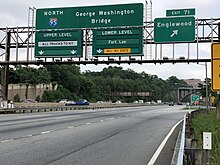 Interstate 95 northbound at the exit for Englewood 2020-07-07 17 43 59 View north along the local lanes of Interstate 95 (Bergen-Passaic Expressway) at Exit 71 (Englewood) on the border of Englewood and Leonia in Bergen County, New Jersey.jpg