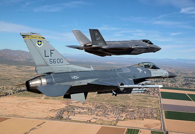 F-16 Fighting Falcon with the wing's first F-35 Lightning II
