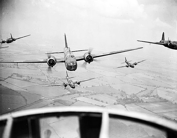 Vickers Wellington Mk.Is of No. 9 Squadron, on a mission in WW2, flying in formation.