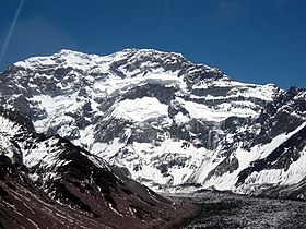 Horcones Inferior glacier, south face and Aconcagua's summit in the background