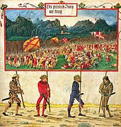 Escena de la batalla realizada por Altdorfer para el manuscrito ilustrado La procesión triunfal de Maximiliano I de Habsburgo, 1512-14.