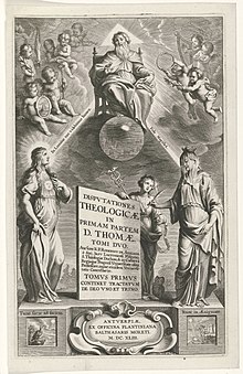 Allegorische titelpagina traf Gott de Vader en personificaties van Licht en Geloof Titelpagina voor Rodrigo de Arriaga, Disputationes theologicae. Antwerpen 1643, RP-P-OB-7070.jpg