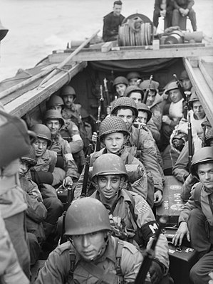 American troops on board a landing craft heading for the beaches at Oran in Algeria during Operation 'Torch', November 1942. A12661.jpg